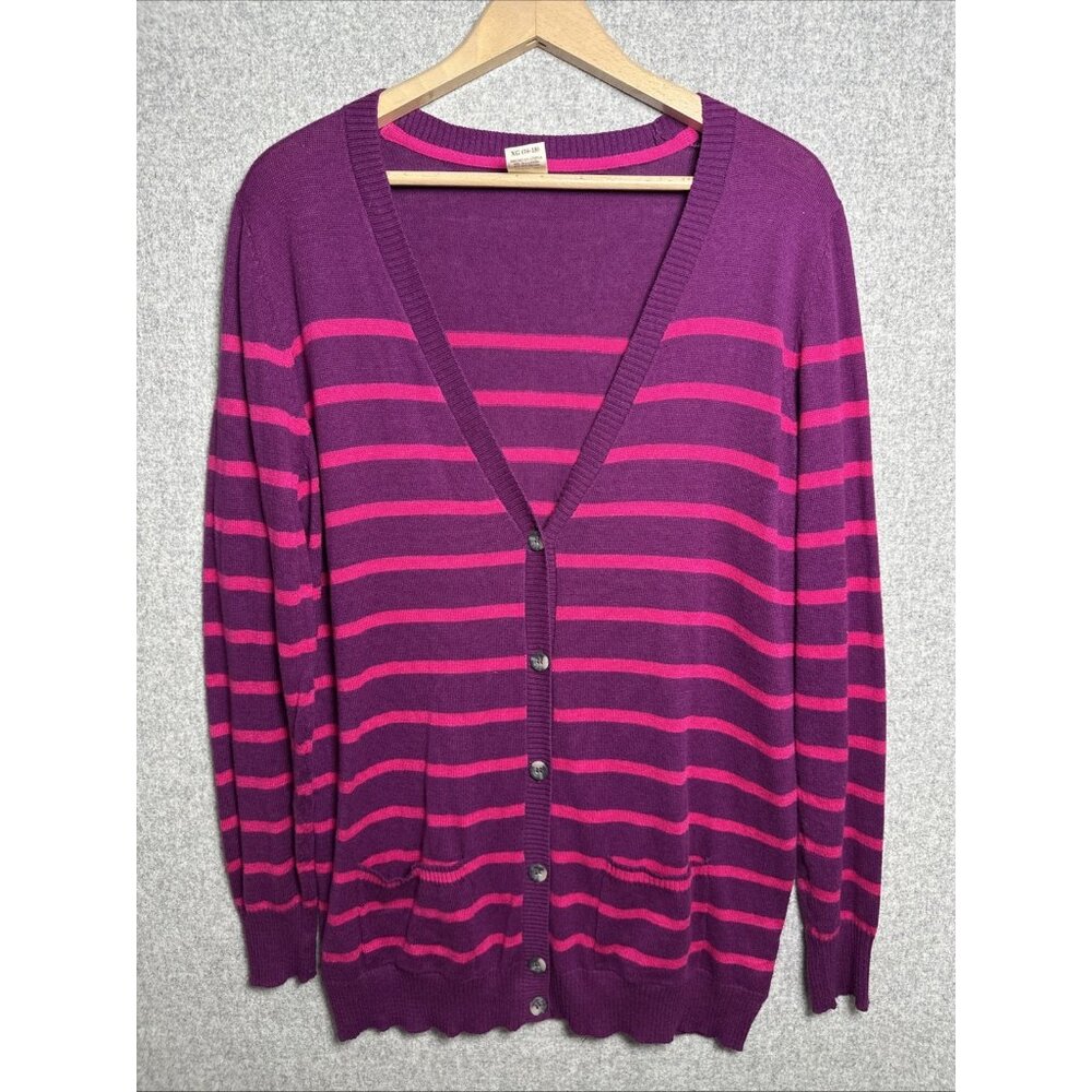 Faded Glory XL Women Cardigan Sweater Pink Striped Lightweight Long Sleeve Vneck